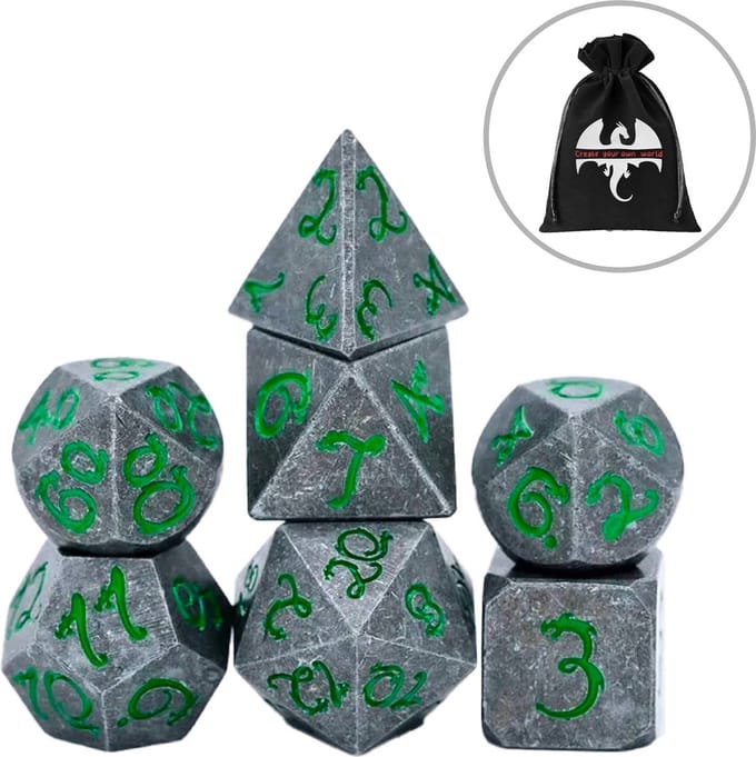 Lapi Toys - Dungeons and Dragons dobbelstenen - DnD - D&D - Polydice - 1 set (7 stuks) - Metaal - Grijs - Groen