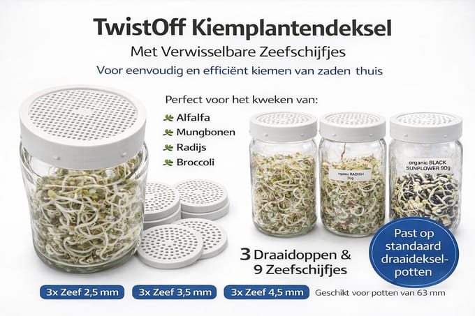 BM Roozeboom - Kiempotten Dekselset - 63 mm - 3 Verwisselbare Zeefmaten - Set van 12 - Wit - 3d Print - Ivoorwit (11100)