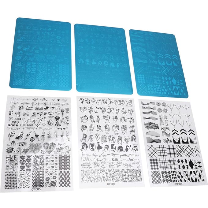 3 Sets Plaques de Stamping Nail Art Acier Inoxydable Motifs Différents Modèle Pochoir pour Ongles blue