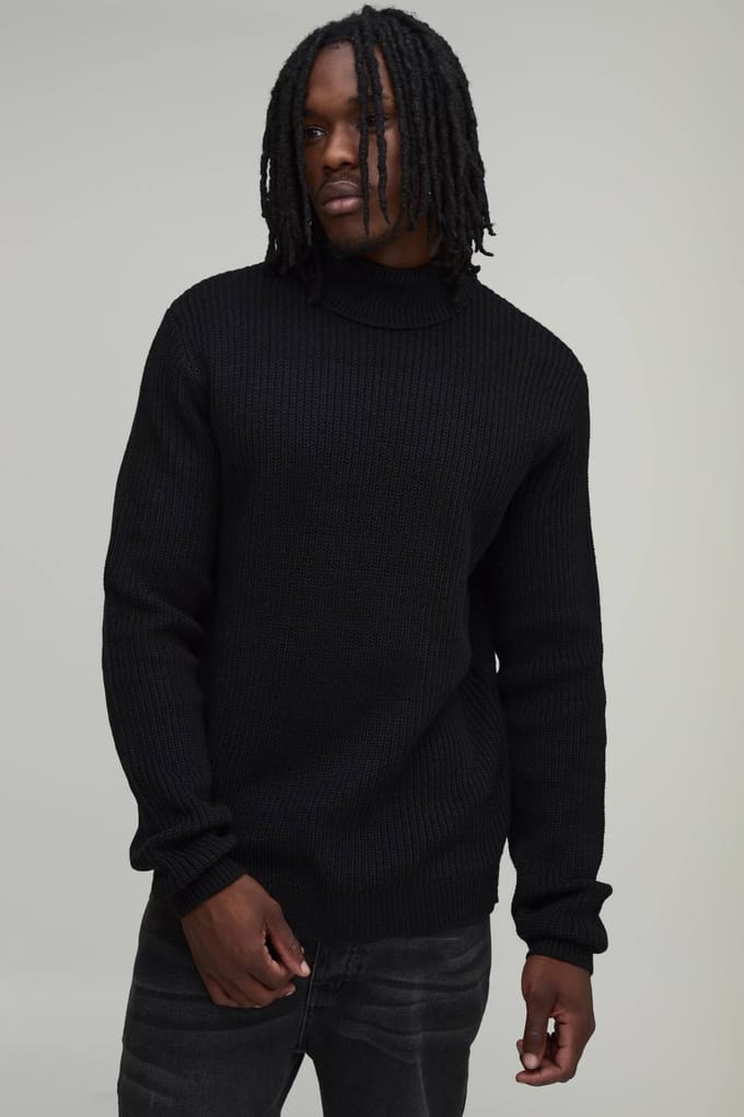 Lange Regular Fit Coltrui Geribbelde Gebreide Trui | Black | Size 2XL