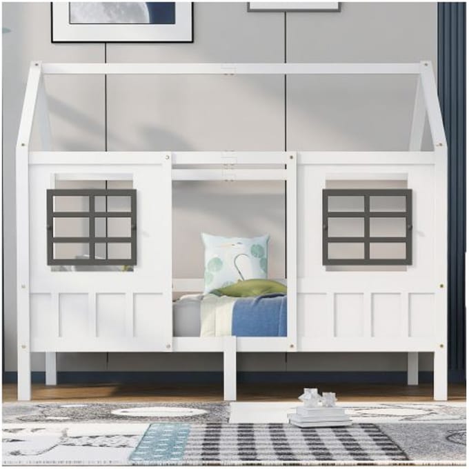 Kinderbed - MUVOE - Huisbed - 200x90cm - MDF - Wit - Veilig wit