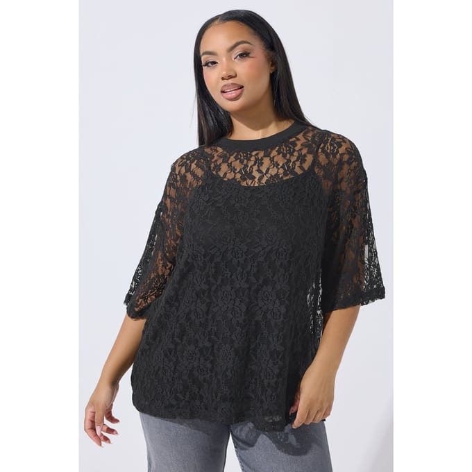 Limited Collection Zwart Tshirt Met Kant Size 48