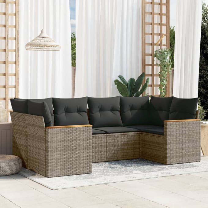vidaXL - 6-delige - Loungeset - met - kussens - poly - rattan - grijs