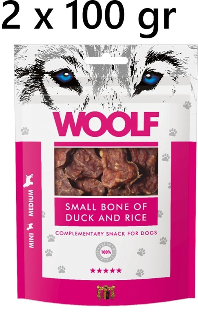 ++ 2 X ++ WOOLF hondensnacks - Small bone - duck and rice - 100 gr = 200 gram