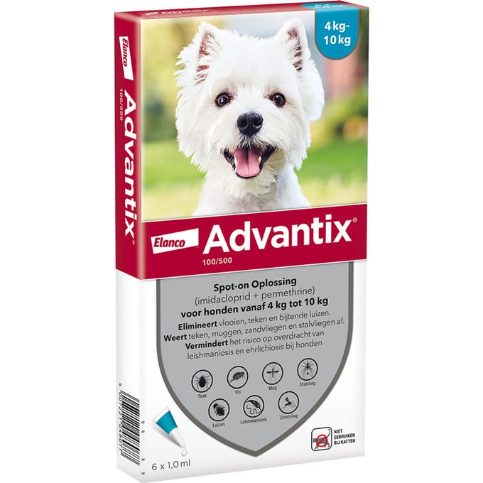 Advantix® 100/500 Spot-On Solution voor Honden 4 - 10 kg - Dubbelpak: 2 x 6 Pipetten - BE