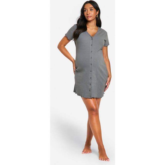 boohoo Dames Maternity Ribbed Button Down Nightie | Houtskool | Maat: 44