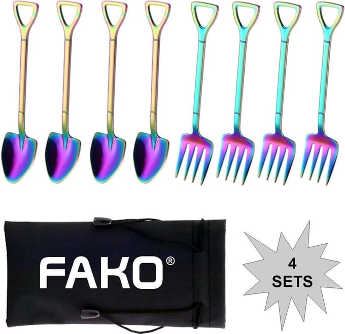 Fako Bijoux® - Gebak Bestek - Dessert Bestek - Schep & Hark - Regenboog - 4 Sets