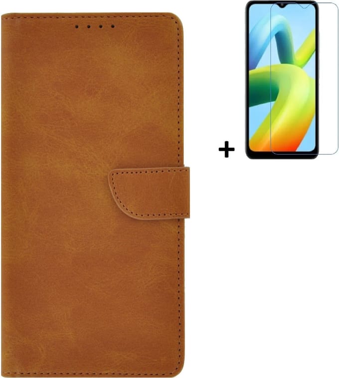 MoDo hoesje Geschikt voor Xiaomi Redmi A1/ Redmi A2 - Kunstleer Book Case - Camel Bruin hoesje met screenprotector