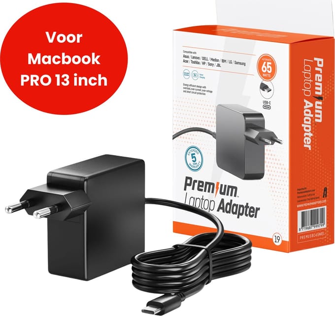 65W USB-C Laptop oplader voor Apple MacBook Pro 13 inch - Alle modellen vanaf 2016 - Kabel + Adapter