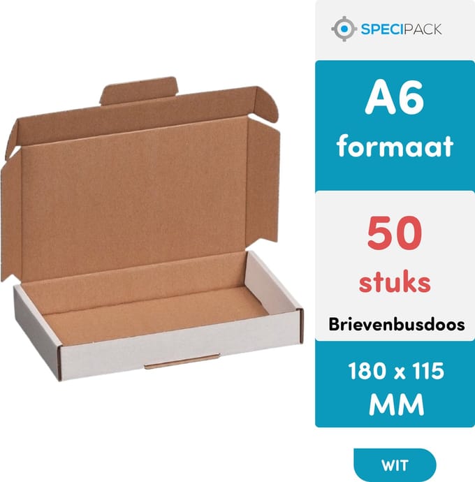 Specipack Brievenbusdoos A6 Wit - 50 stuks - Verzenddozen met Extra Sluiting - 180 x 115 x 30 mm - Postdozen