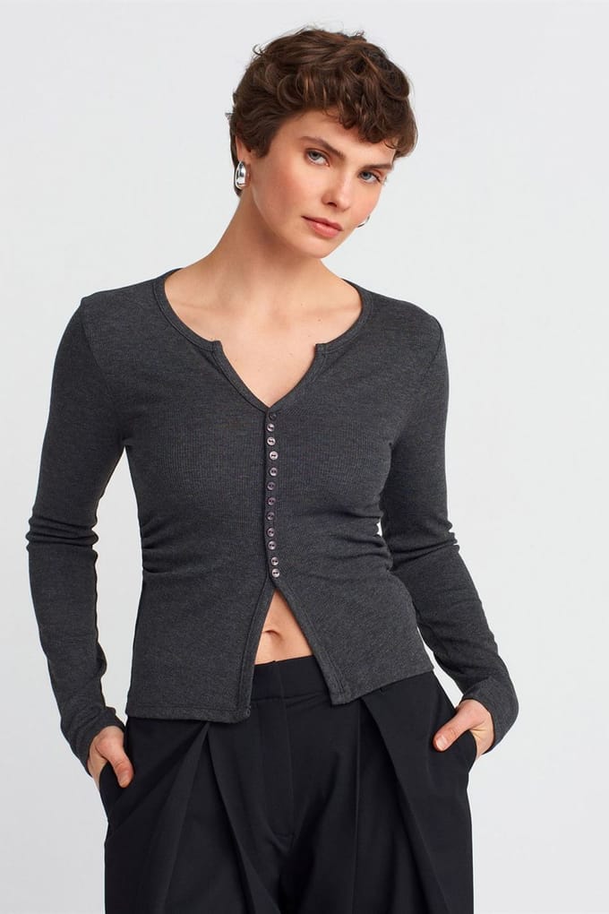 Slim Fit Geribbelde Blouse met Knoopsluiting