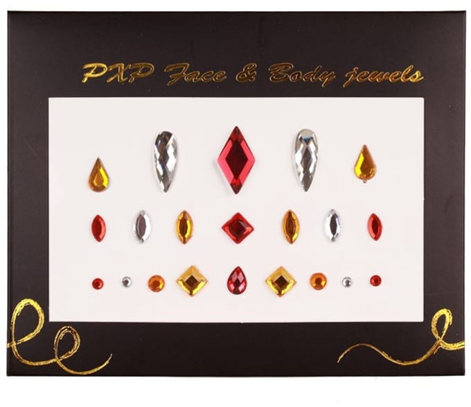 Face & Body Jewels Glitter sticker( Carnaval ): rood/ wit (= zirkonia) geel