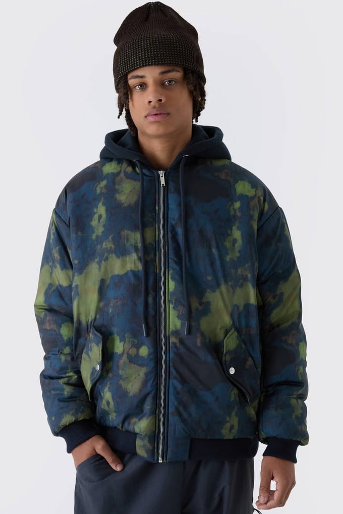 Oversized abstracte print met capuchon bomberjack in marineblauw | Navy | Size Medium