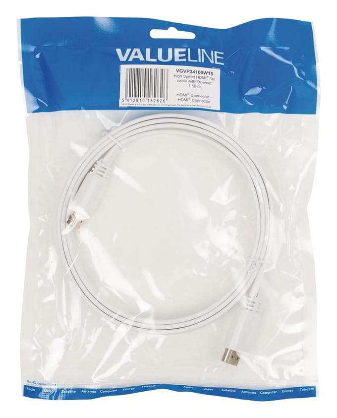 Platte High Speed HDMI kabel met ethernet HDMI connector - HDMI connector 1,50 m wit