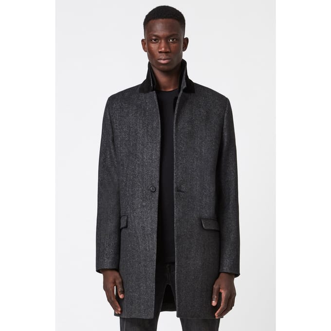 AllSaints Morden Coat Charcoal Größe: 34 | Einreihige Mäntel Outlet | Herren | Schwarz