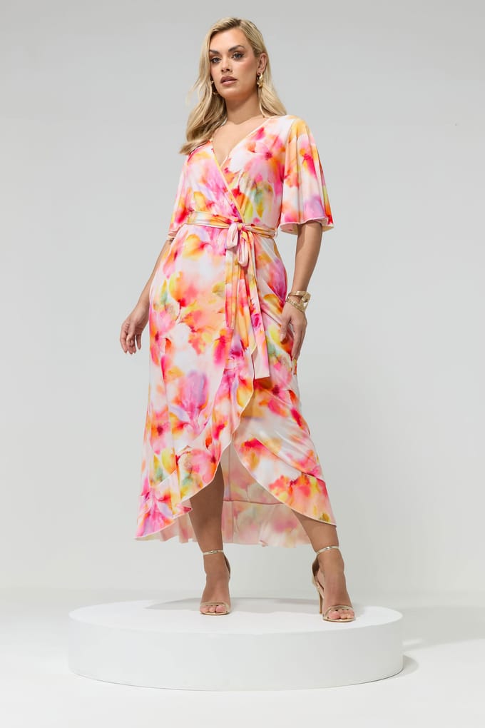 Yours London Gele Abstracte Wikkeljurk Met Ruchezoom Size 48