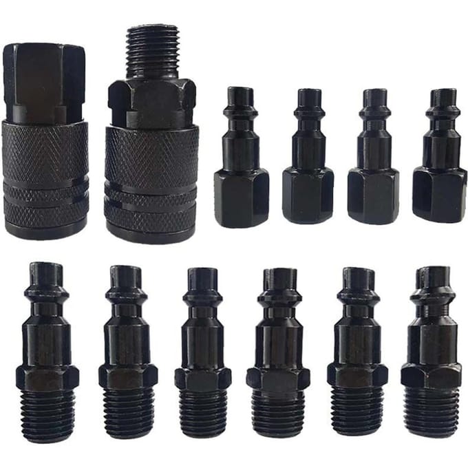 12PCS 14'' NPT Luchtkoppeling & Plug Kit, Industriële Type D Snelkoppelingsset, Luchtcompressorslang zwart