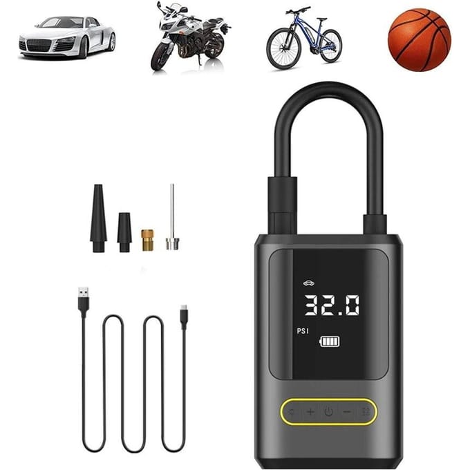 Draagbare fiets- en motorfietsbandenpomp, multifunctionele 150PSI mini-automatische opblaasbare luchtpomp, USB-type-C, oplaadbare 4000mA-bandenluchtcompressor