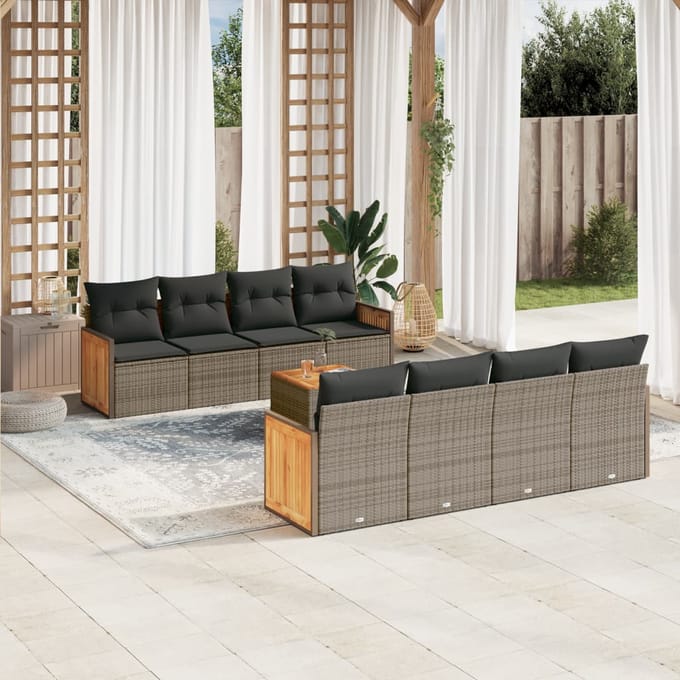 vidaXL - 9-delige - Loungeset - met - kussens - poly - rattan - grijs