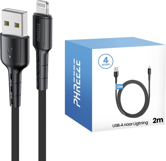 Kabel geschikt voor iPhone met Lightning naar usb kabel - 4 pack - 2 meter - Phreeze