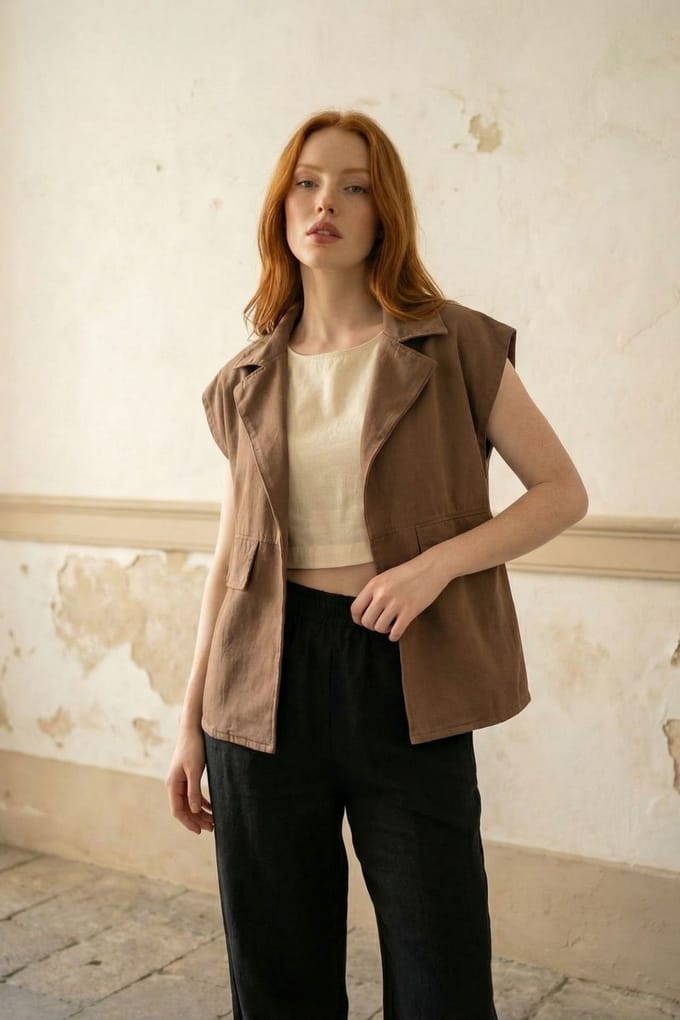 Katoenen Gilet met Jacket Kraag en Zak