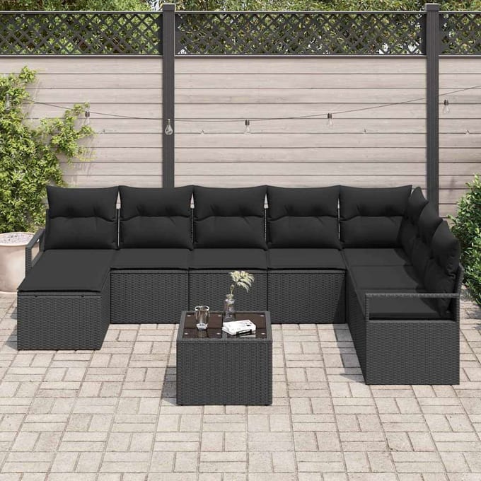 vidaXL Bankstel met kussen met opslag 9 pcs Zwart poly rattan
