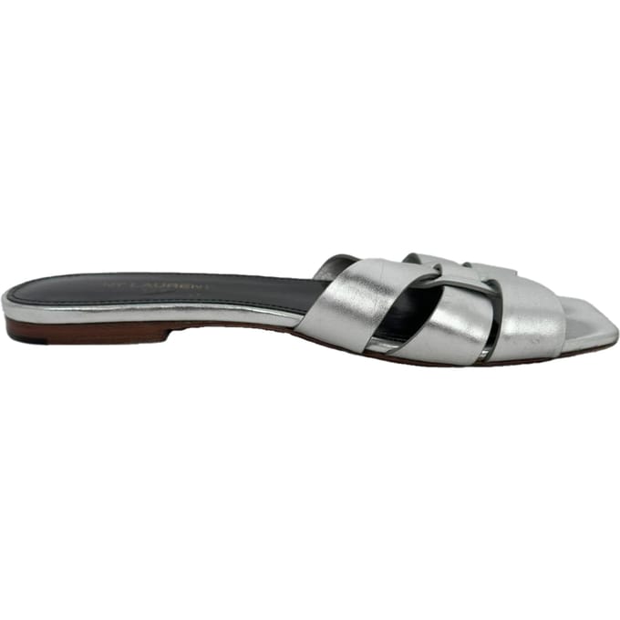 Saint Laurent Tribute Geweven Metallic Slides in Zilver Leder