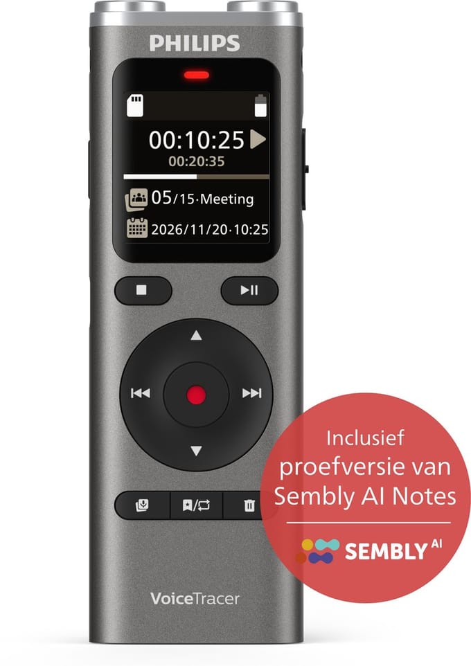 Philips DVT2075 Audio recorder - 2 Hoogwaardige microfoons - Stereo MP3-/ PCM-opname - Sembly AI Notes-software/ spraakherkenning - Groot verlicht display - 8 GB - USB-C - oplaadbare accu - Antraciet