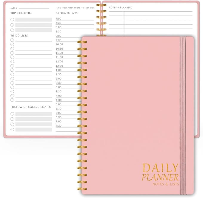 Dagelijkse Planner - Notitieboek Organizer - Taakbeheer - Ongedateerd Spiraal - 14 x 21.5 cm - Roze
