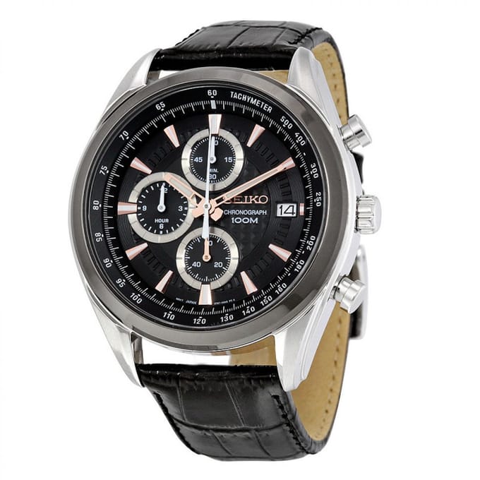 Seiko Leather Chronograph 45 mm Staal Zwart | SSB183P1