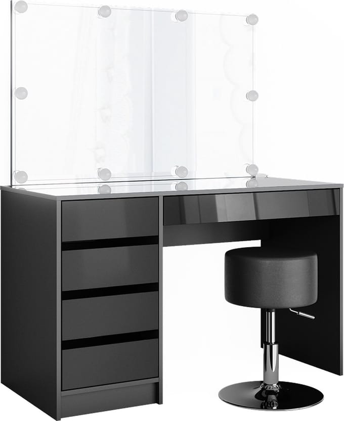 Vicco Kaptafel set met kruk Sherry, Antraciet, 120 cm met spiegel, LED-lichtslinger en kruk