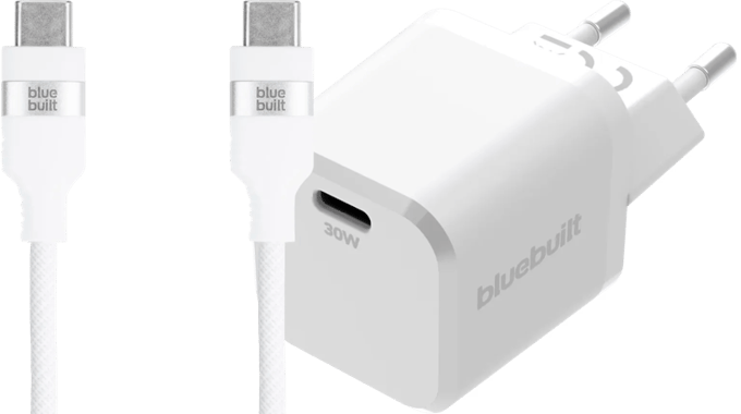 BlueBuilt Power Delivery Oplader 30W + Usb C Kabel 3m Nylon Wit