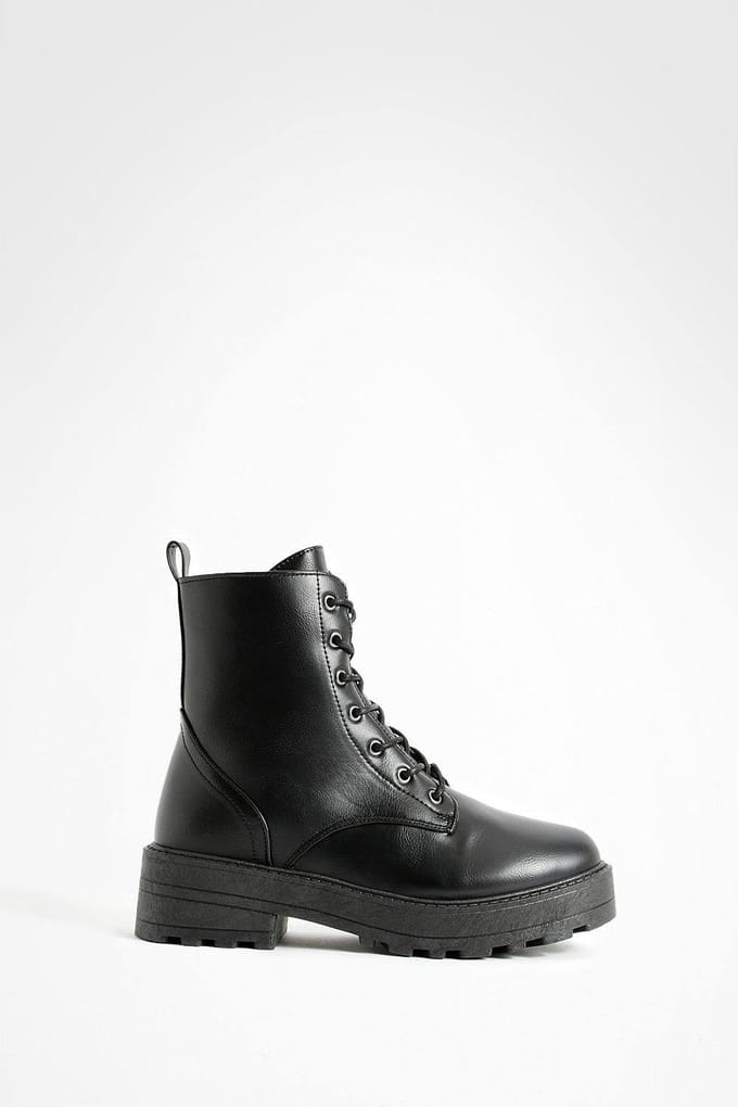 boohoo Dames Vetersluiting Chunky Hikerlaarzen | Zwart | Maat: 37