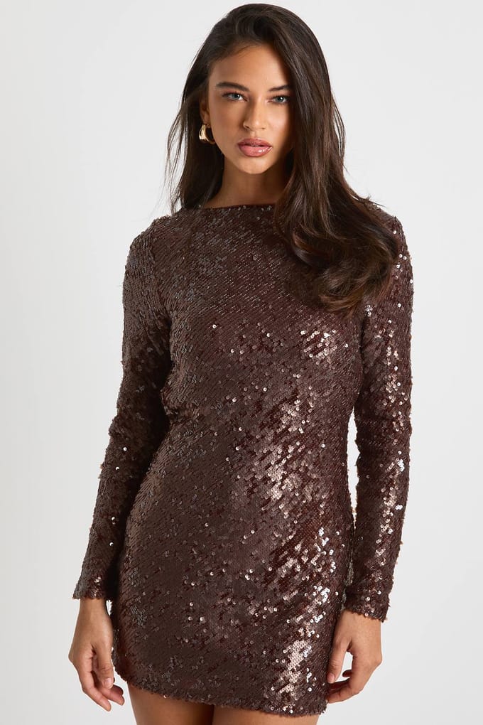 boohoo Dames Minijurk met cowl-nek en sequinaccent op de rug | Chocoladebruin | Maat: 36