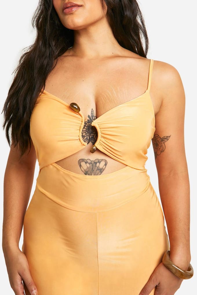 boohoo Dames Plus Slinky Ruched Front Wide Leg Jumpsuit | Geel | Maat: 56