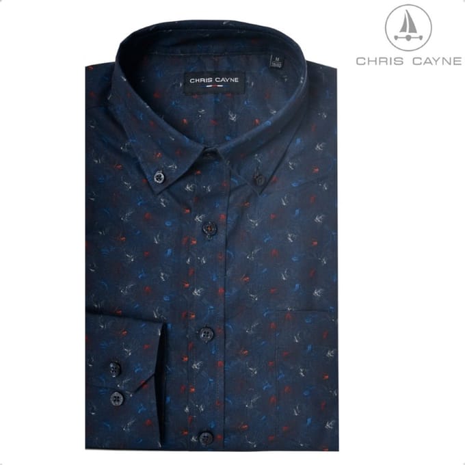 Chris Cayne overhemd lange mouw - M - navy/blauw/rood - print - borstzak