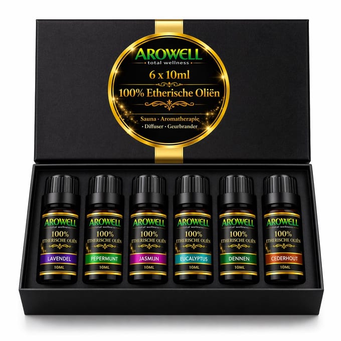 Arowell – Etherische Olie Set – 6 x 10 ml – 100% Pure Etherische Oliën – Voor Aroma Diffuser, Sauna & Geurbrander – Lavendel, Rozen, Jasmijn, Eucalyptus, Dennen & Cederhout – Luxe Geschenkverpakking