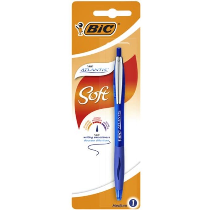 Balpen bic atlantis soft metalen clip clic medium Blauw bister