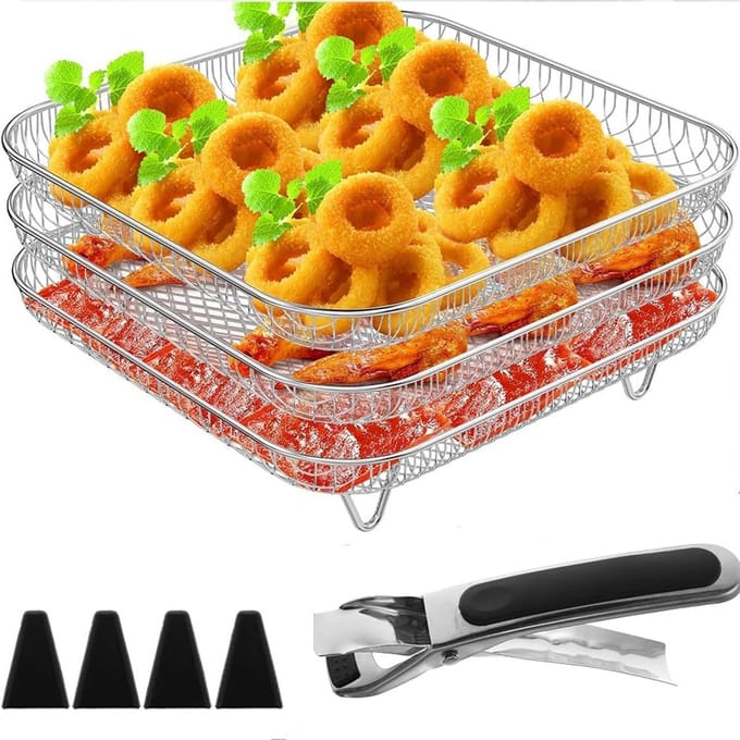 Airfryer Rack Set - Grill Dehydrator - Bakken Koken - 3-laags Stapelbaar - 20 x 20 cm - Zilver