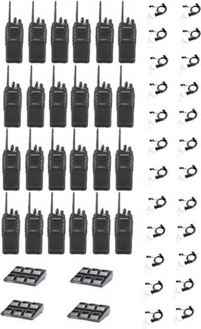 Set van 24 Kenwood TK-3701D IP55 Portofoon met multilader en beveiliging headsets
