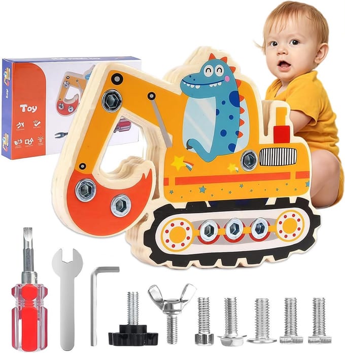 Houten Montessori Schroefplank met Graafmachine – Motorisch Speelgoed Vanaf 3 Jaar