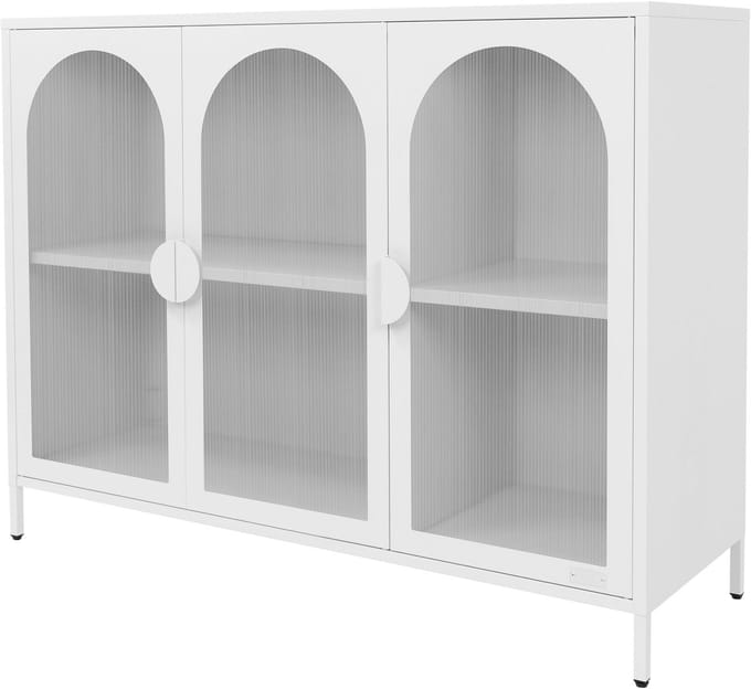 ML-Design industrial metalen vitrinekast tv meubel en dressoir wit 120x93x40 cm met 3 deuren en 4 ruime opbergvakken stalen opbergkast met verstelbare poten modern industrieel design voor woonkamer en eetkamer met stevige stalen constructie