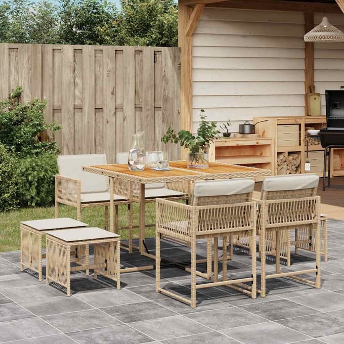 vidaXL - 9-delige - Tuinset - met - kussens - poly - rattan - beige