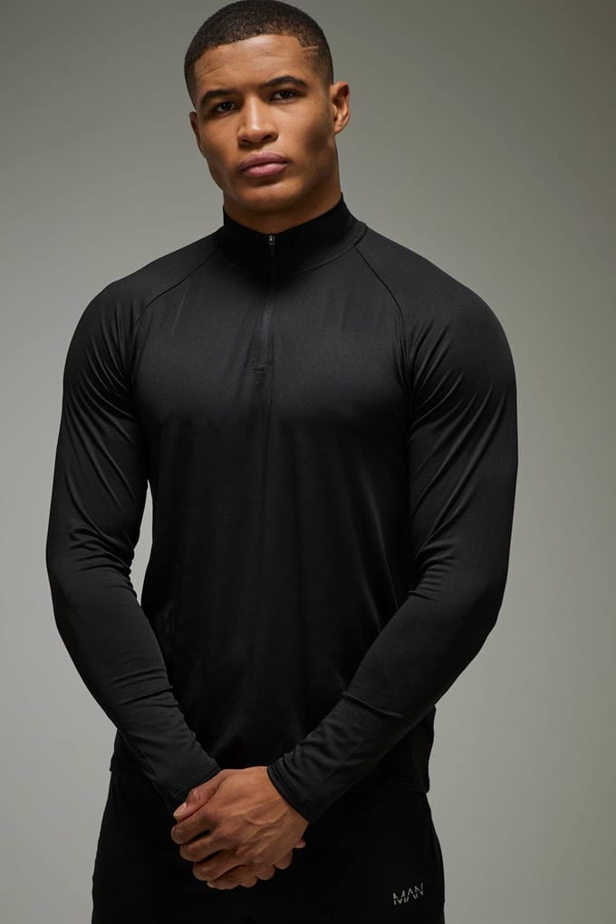 Heren Actieve Lichtgewicht Essentials Gym Raglan Regular Fit 1/4 Zip | Black | Size Medium