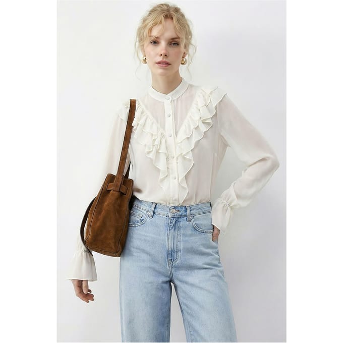 Rimpelige Mandarijnkraag Lange Mouw Chiffon Overhemd