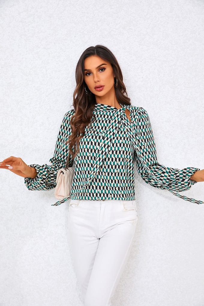 Geo Print Blouse Top met Strik aan de Zijkant in Groen