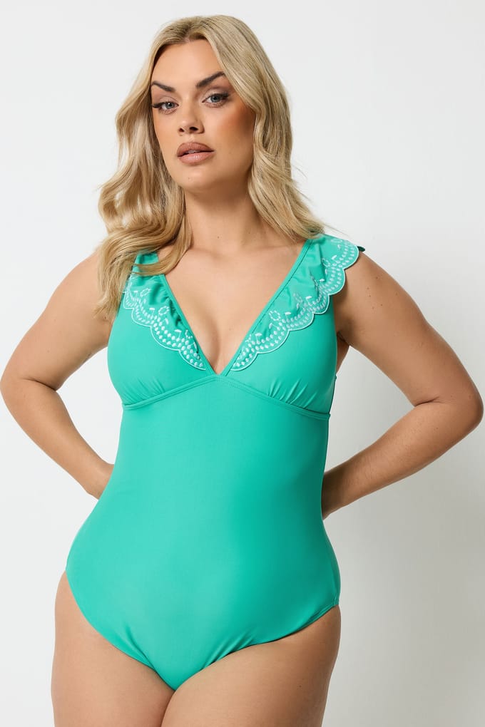 Yours Groene Badpak Met Broderie Anglaise En Ruches Size 48