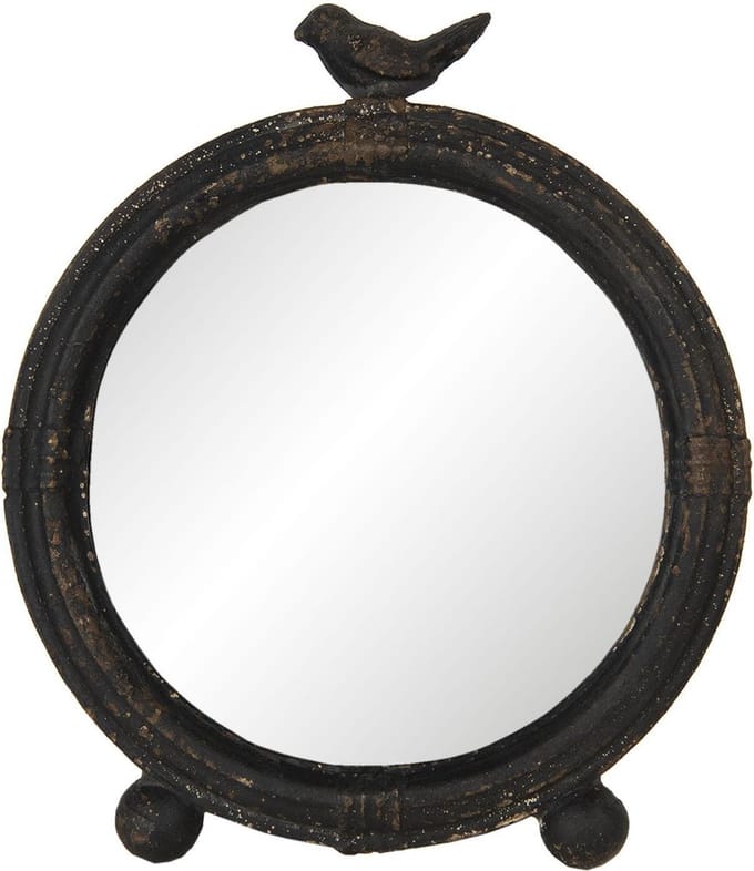 Clayre & Eef Staande Spiegel 26x30 cm Bruin Ijzer Hout Rond Vogel Tafel Spiegel