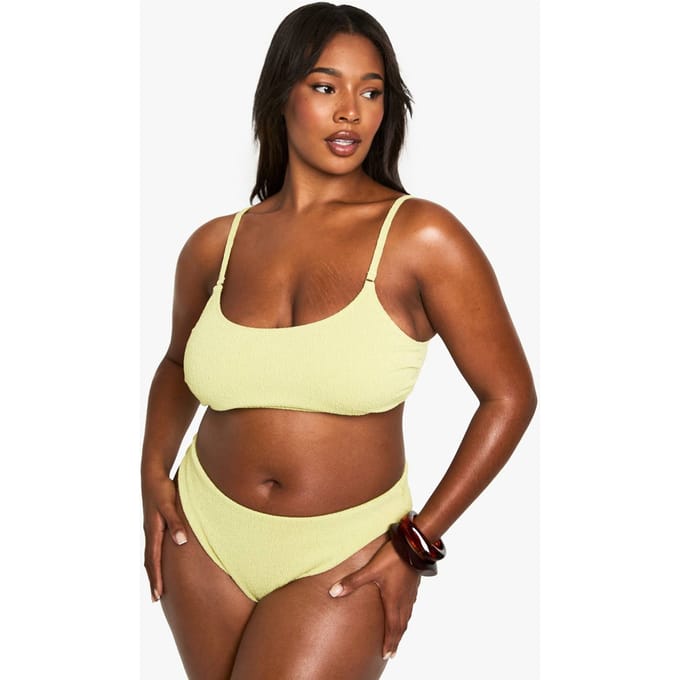 boohoo Dames Plus Zwemkleding Essentials Crinkle Scoop Neck Bikini Top | Olive | Maat: 26