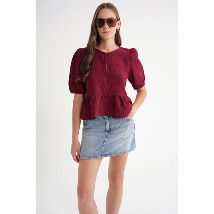 Gestructureerde Mousseline Blouse met Ronde Hals en Knoopsluiting